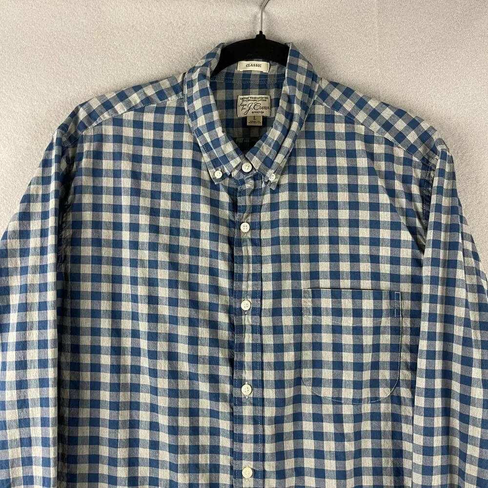J‎ Crew Shirt Mens Large Blue Check Organic Cotton Button Down Stretch Preppy